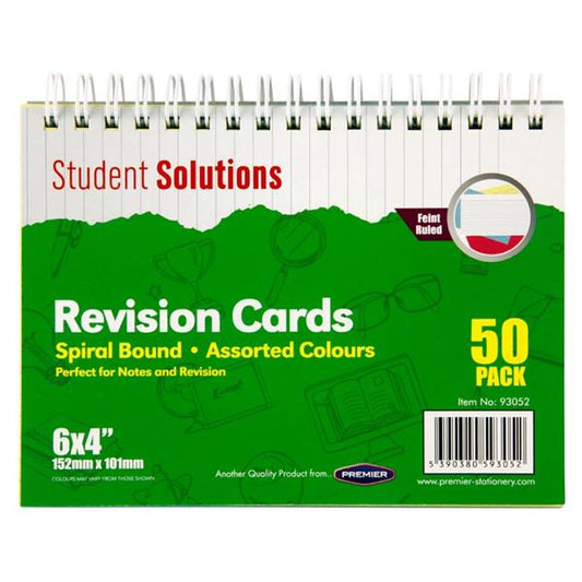 Student Solutions Pack of 50 6″x 4″ Spiral Revision Cards – Assorted Colours